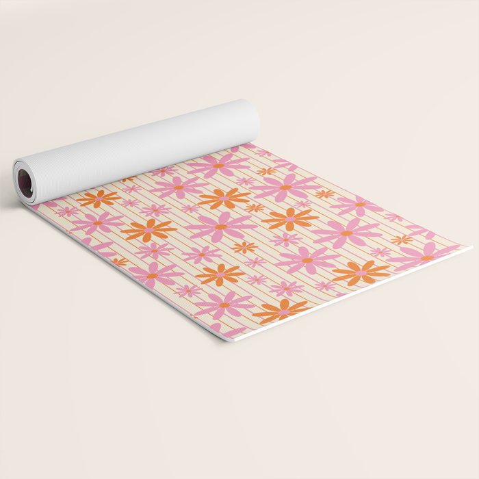  Retro 70s Groovy Daisy Pattern with Stripes, Hot Orange and Pink Yoga Mat Gallery Image 2