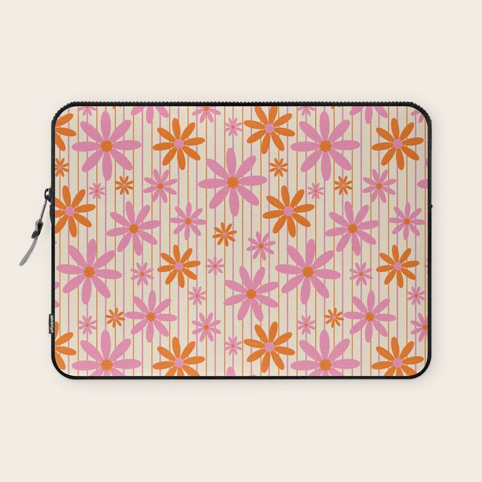  Retro 70s Groovy Daisy Pattern with Stripes, Hot Orange and Pink Laptop Sleeve Gallery Image 1