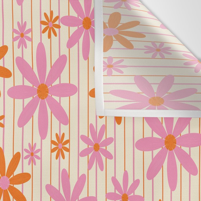  Retro 70s Groovy Daisy Pattern with Stripes, Hot Orange and Pink Wall Tapestry Gallery Image 3