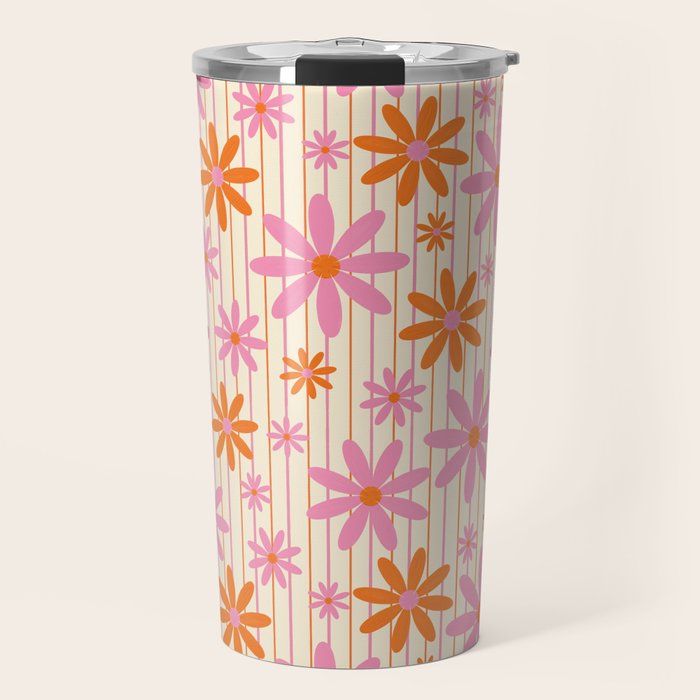  Retro 70s Groovy Daisy Pattern with Stripes, Hot Orange and Pink Travel Mug Gallery Image 1