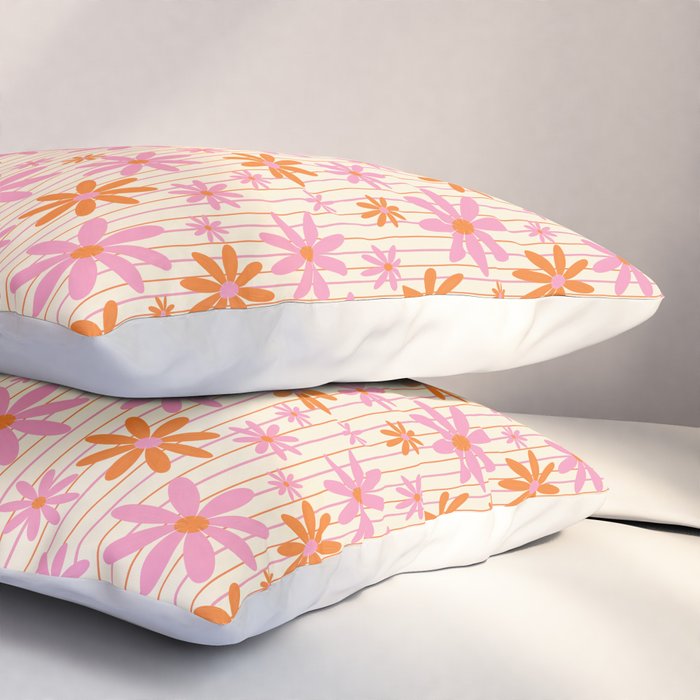  Retro 70s Groovy Daisy Pattern with Stripes, Hot Orange and Pink Pillow Sham Gallery Image 3