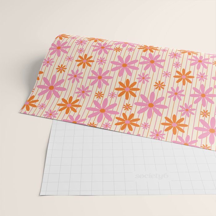  Retro 70s Groovy Daisy Pattern with Stripes, Hot Orange and Pink Wrapping Paper Gallery Image 2