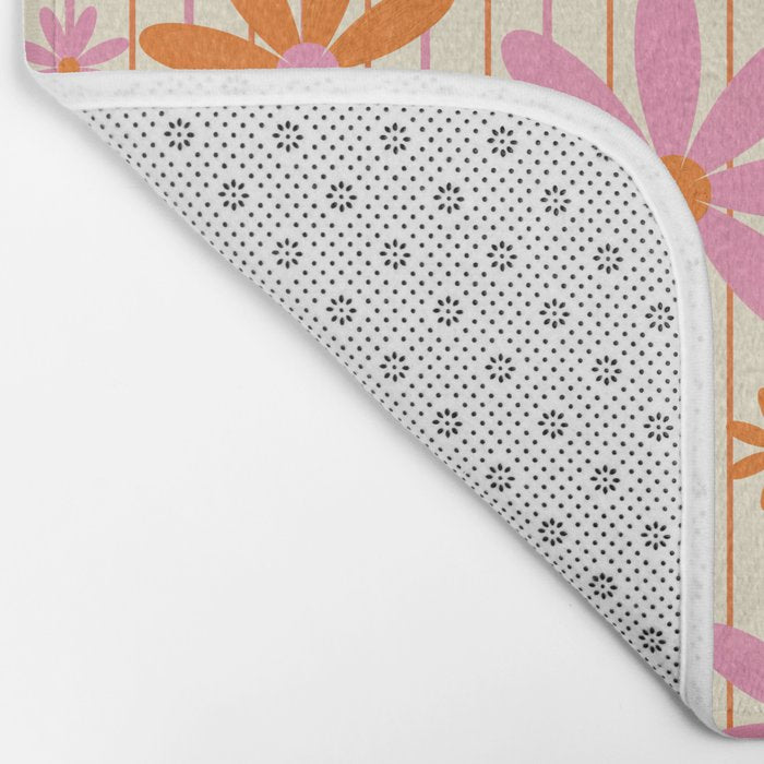  Retro 70s Groovy Daisy Pattern with Stripes, Hot Orange and Pink Bath Mat Gallery Image 2