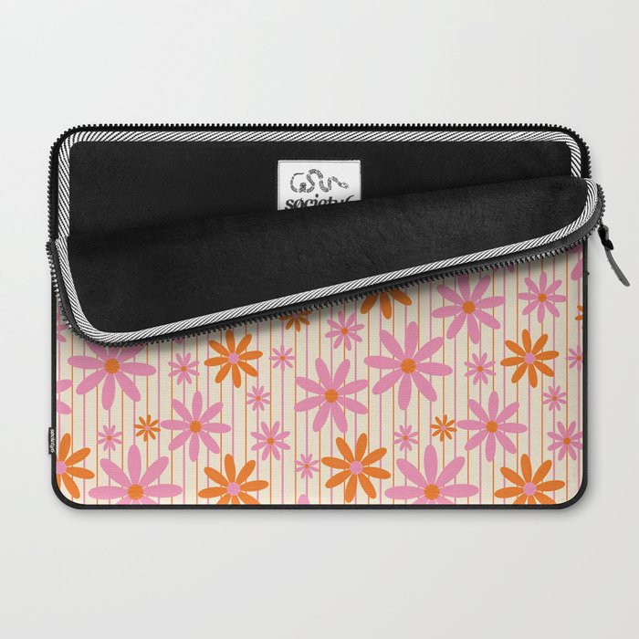  Retro 70s Groovy Daisy Pattern with Stripes, Hot Orange and Pink Laptop Sleeve Gallery Image 2