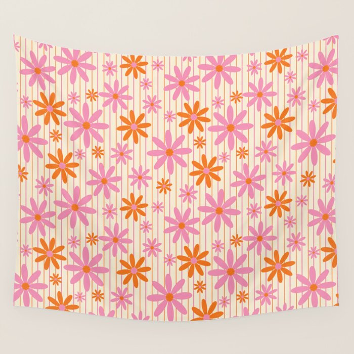  Retro 70s Groovy Daisy Pattern with Stripes, Hot Orange and Pink Wall Tapestry Gallery Image 4