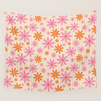  Retro 70s Groovy Daisy Pattern with Stripes, Hot Orange and Pink Wall Tapestry Gallery Image 4