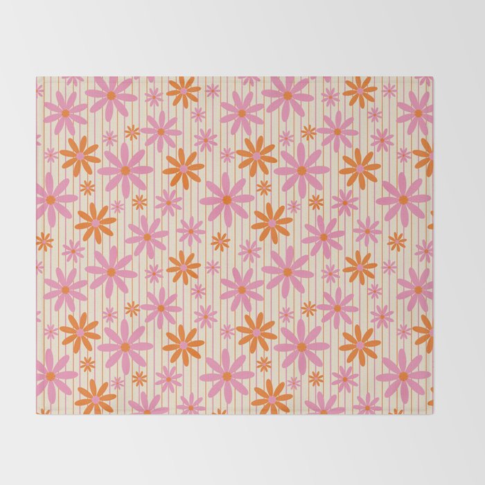  Retro 70s Groovy Daisy Pattern with Stripes, Hot Orange and Pink Throw Blanket Gallery Image 2