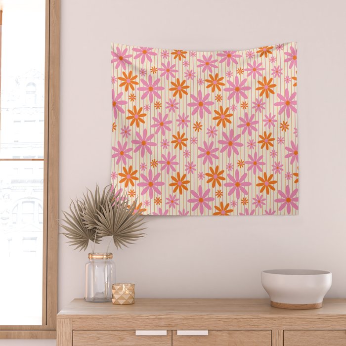  Retro 70s Groovy Daisy Pattern with Stripes, Hot Orange and Pink Wall Tapestry Gallery Image 2