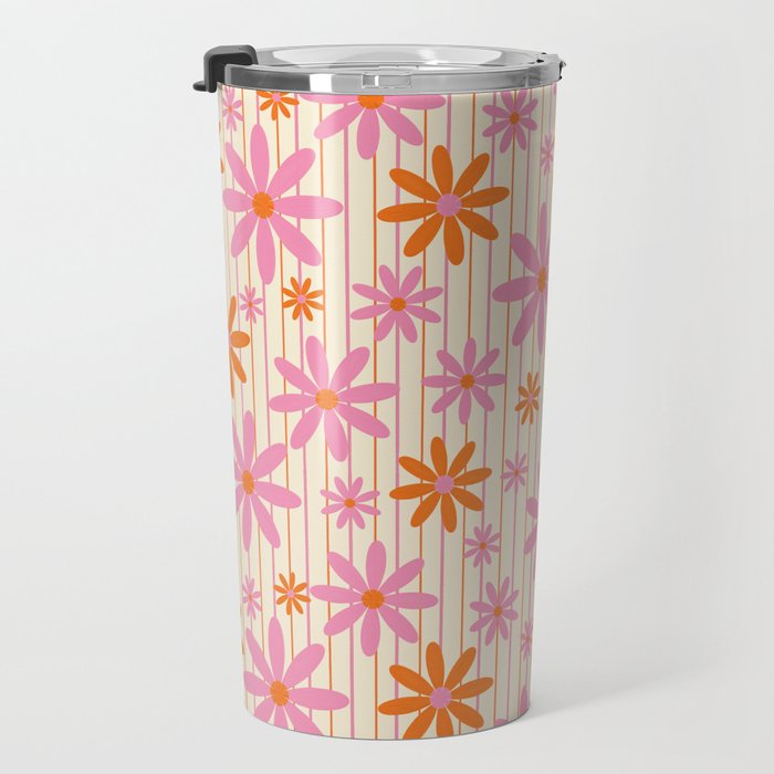  Retro 70s Groovy Daisy Pattern with Stripes, Hot Orange and Pink Travel Mug Gallery Image 3