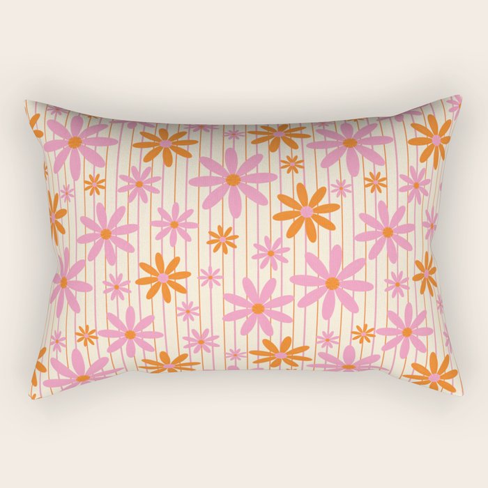  Retro 70s Groovy Daisy Pattern with Stripes, Hot Orange and Pink Rectangular Pillow Gallery Image 1