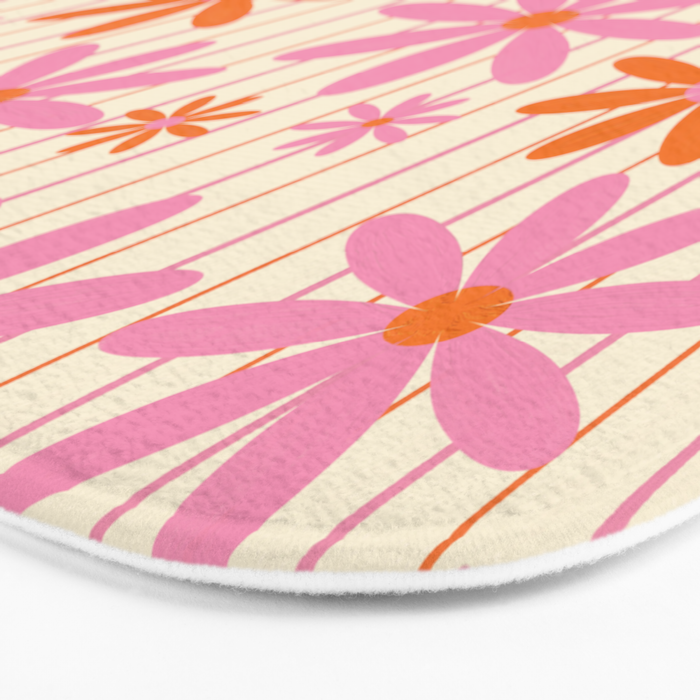  Retro 70s Groovy Daisy Pattern with Stripes, Hot Orange and Pink Bath Mat Gallery Image 3