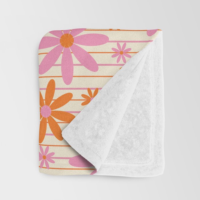  Retro 70s Groovy Daisy Pattern with Stripes, Hot Orange and Pink Throw Blanket Gallery Image 3