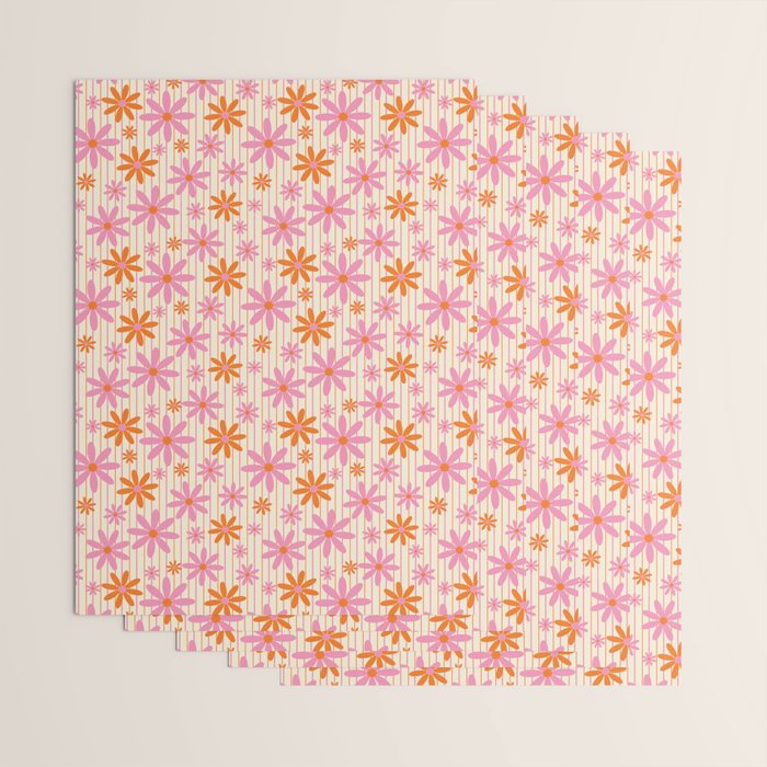  Retro 70s Groovy Daisy Pattern with Stripes, Hot Orange and Pink Wrapping Paper Gallery Image 3