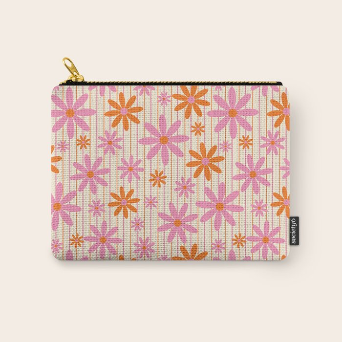  Retro 70s Groovy Daisy Pattern with Stripes, Hot Orange and Pink Carry All Pouch Gallery Image 1