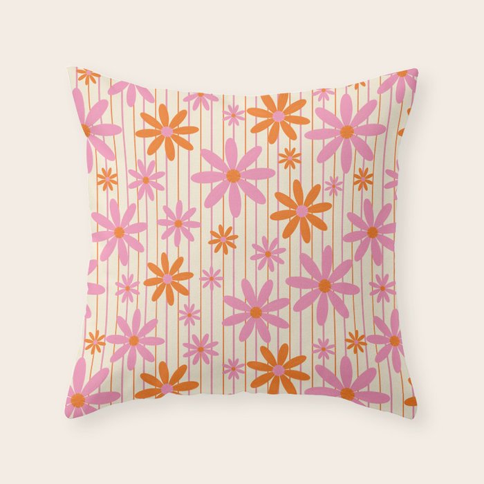  Retro 70s Groovy Daisy Pattern with Stripes, Hot Orange and Pink Throw Pillow Gallery Image 1