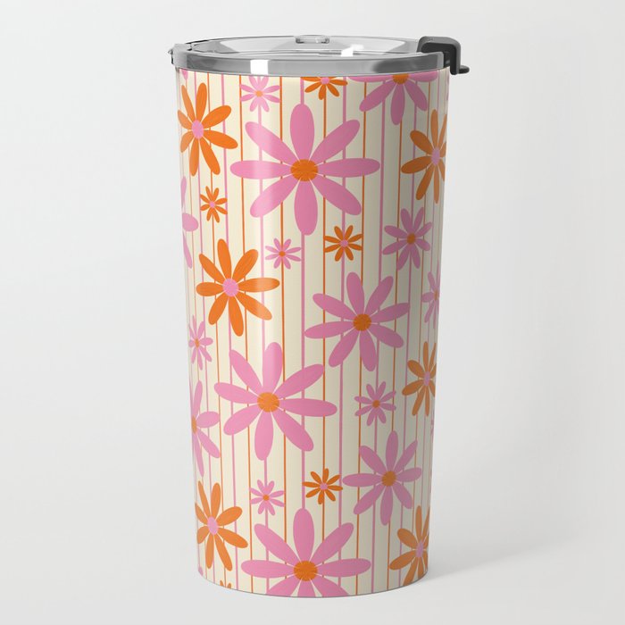  Retro 70s Groovy Daisy Pattern with Stripes, Hot Orange and Pink Travel Mug Gallery Image 2