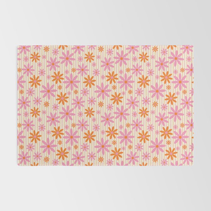  Retro 70s Groovy Daisy Pattern with Stripes, Hot Orange and Pink Rug Gallery Image 2