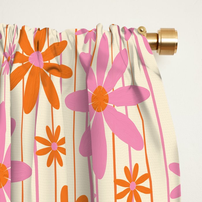  Retro 70s Groovy Daisy Pattern with Stripes, Hot Orange and Pink Window Curtain Gallery Image 2