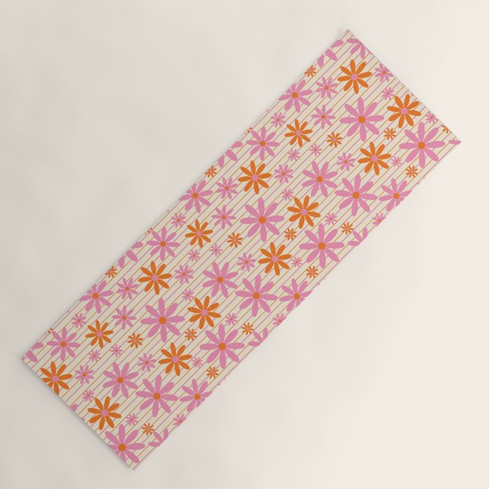  Retro 70s Groovy Daisy Pattern with Stripes, Hot Orange and Pink Yoga Mat Gallery Image 1