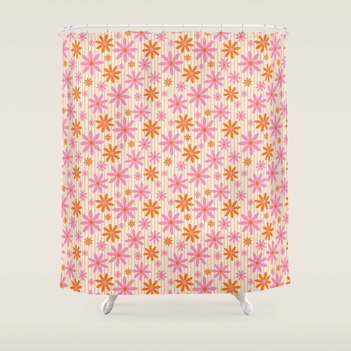 Retro 70s Groovy Daisy Pattern with Stripes, Hot Orange and Pink Shower Curtain Gallery Image 1