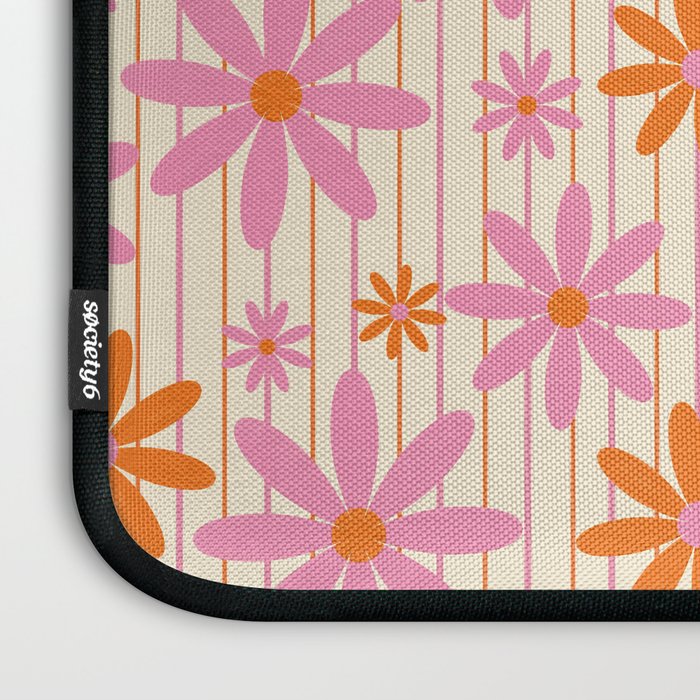  Retro 70s Groovy Daisy Pattern with Stripes, Hot Orange and Pink Laptop Sleeve Gallery Image 3