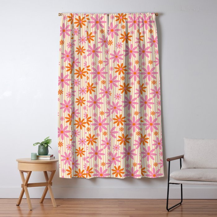  Retro 70s Groovy Daisy Pattern with Stripes, Hot Orange and Pink Window Curtain Gallery Image 5