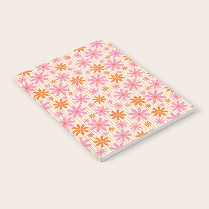  Retro 70s Groovy Daisy Pattern with Stripes, Hot Orange and Pink Notebook Gallery Image 1