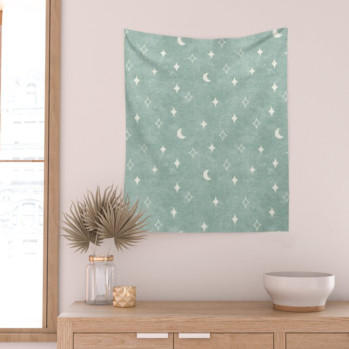moon and stars - surf blue Wall Tapestry Gallery Image 2