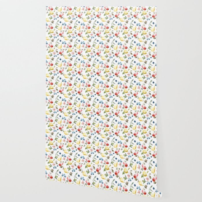 Lemon Berries and Cherries Watercolor Pattern Wallpaper Gallery Image 2