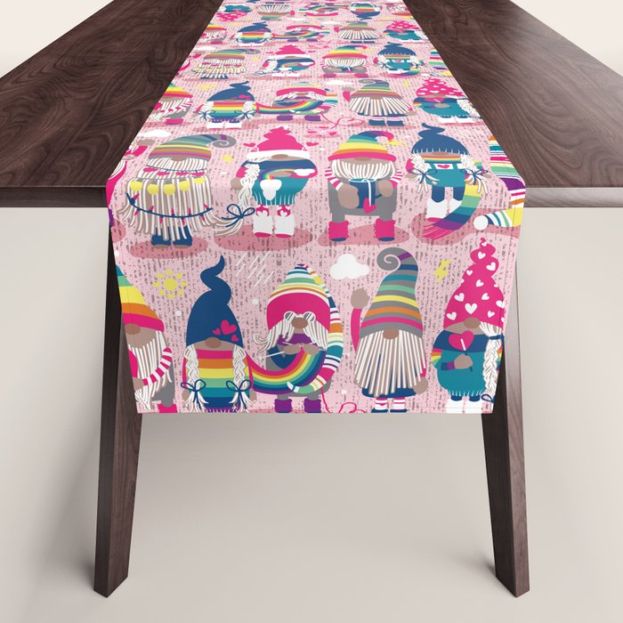 I gnome you // pastel pink background little happy and lovely gnomes with rainbows fuchsia pink hearts Table Runner Gallery Image 1