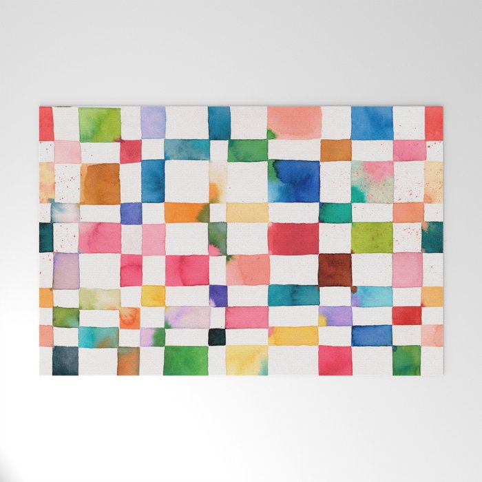 Modern watercolor checker Multicolored Spring Geometric Welcome Mat Gallery Image 1