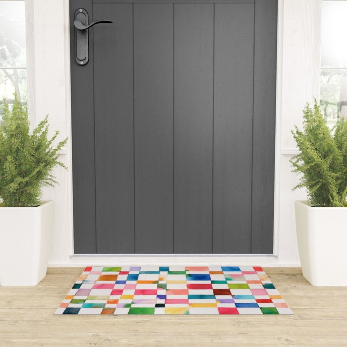 Modern watercolor checker Multicolored Spring Geometric Welcome Mat Gallery Image 3
