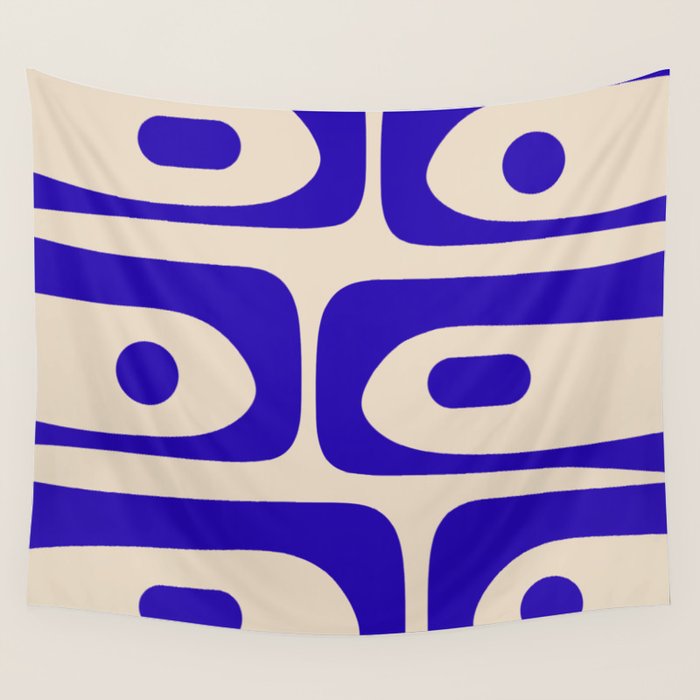 Mid Century Modern Piquet Abstract Pattern in Cobalt Blue and Beige Wall Tapestry Gallery Image 4