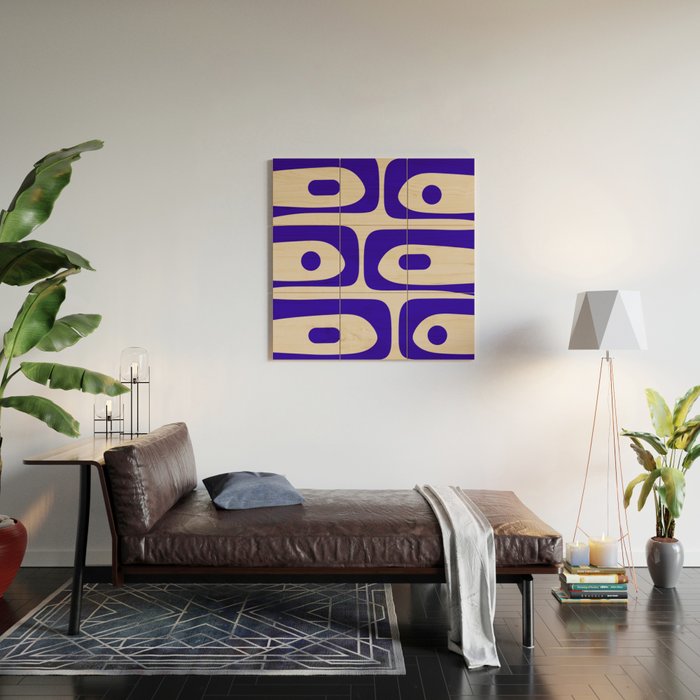 Mid Century Modern Piquet Abstract Pattern in Cobalt Blue and Beige Wood Wall Art Gallery Image 2