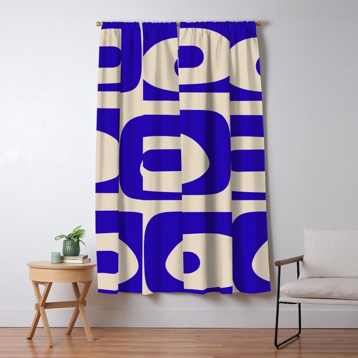 Mid Century Modern Piquet Abstract Pattern in Cobalt Blue and Beige Window Curtain Gallery Image 1