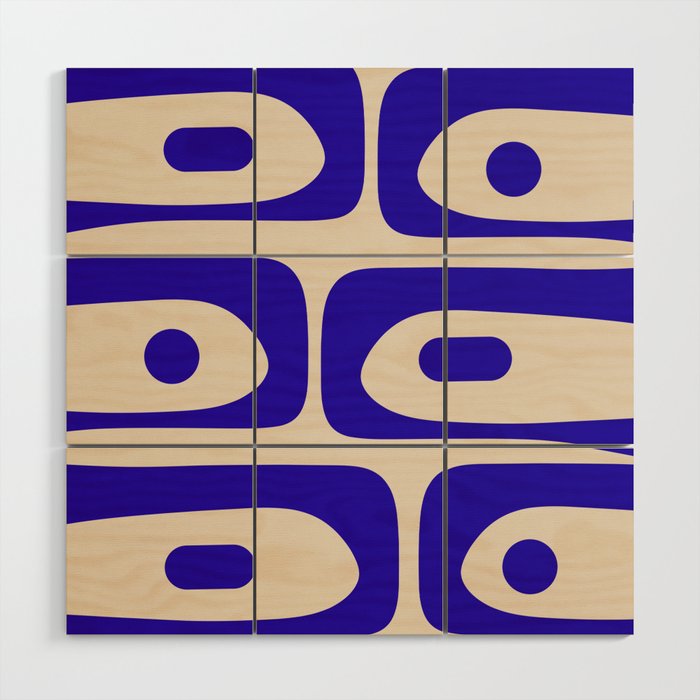 Mid Century Modern Piquet Abstract Pattern in Cobalt Blue and Beige Wood Wall Art Gallery Image 1