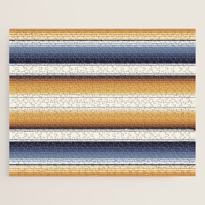 Indigo Blue, Amber Brown and Navajo White Southwest Serape Blanket Stripes Jigsaw Puzzle Gallery Image 1