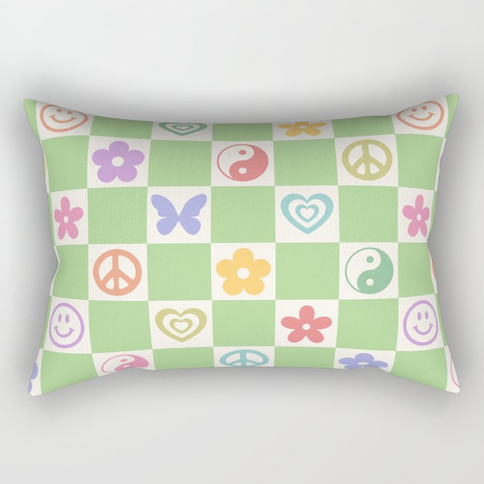 Peace & Love Retro Nostalgia Green Checker Rectangular Pillow Gallery Image 1