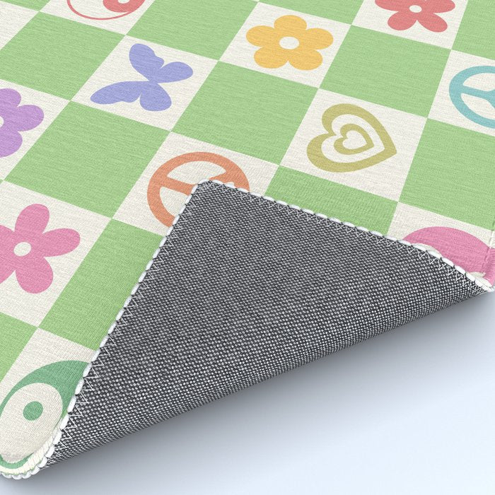 Peace & Love Retro Nostalgia Green Checker Rug Gallery Image 4