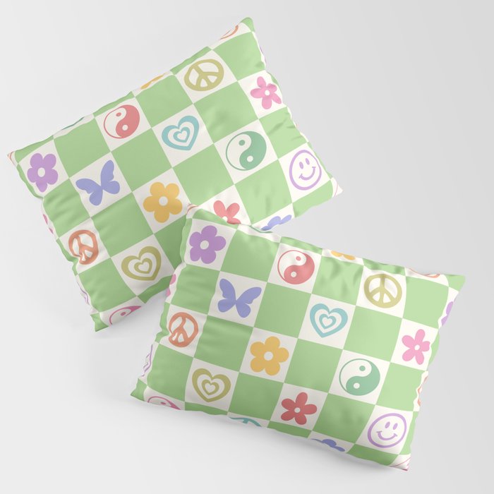Peace & Love Retro Nostalgia Green Checker Pillow Sham Gallery Image 3