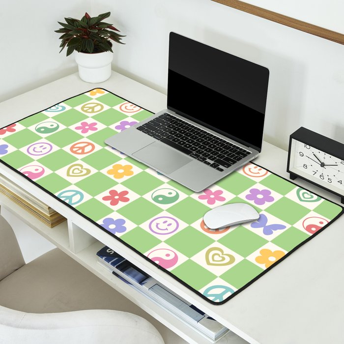 Peace & Love Retro Nostalgia Green Checker Desk Mat Gallery Image 2