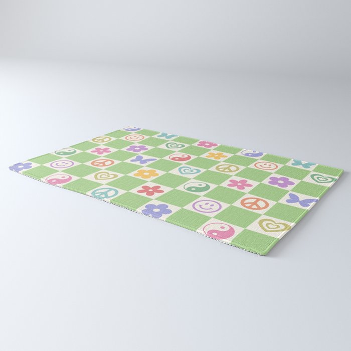 Peace & Love Retro Nostalgia Green Checker Rug Gallery Image 3