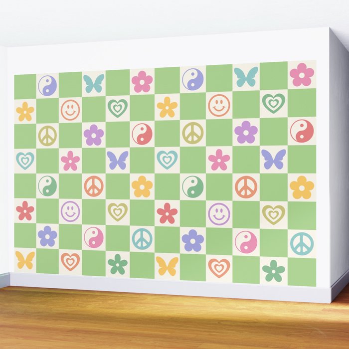 Peace & Love Retro Nostalgia Green Checker Wall Mural Gallery Image 2