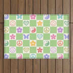 Peace & Love Retro Nostalgia Green Checker Outdoor Rug Gallery Image 1
