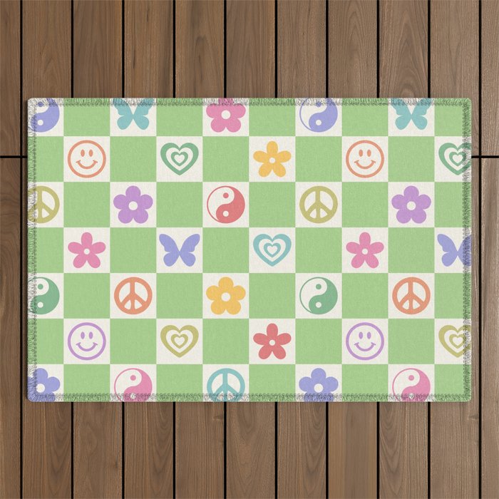 Peace & Love Retro Nostalgia Green Checker Outdoor Rug Gallery Image 1