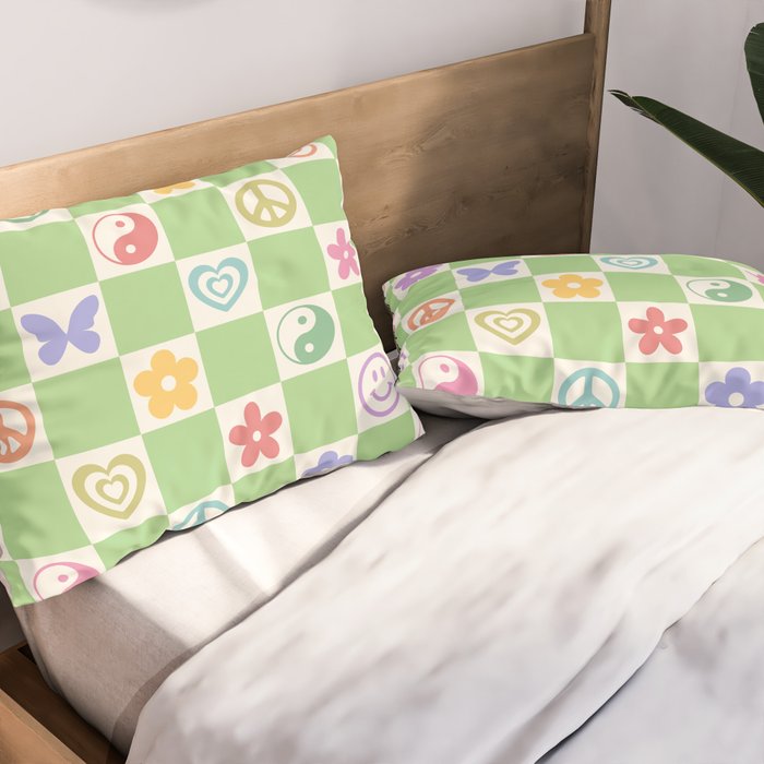 Peace & Love Retro Nostalgia Green Checker Pillow Sham Gallery Image 2