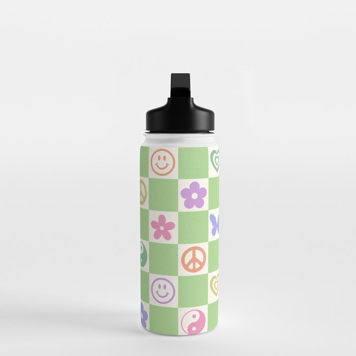 Peace & Love Retro Nostalgia Green Checker Water Bottle Gallery Image 3