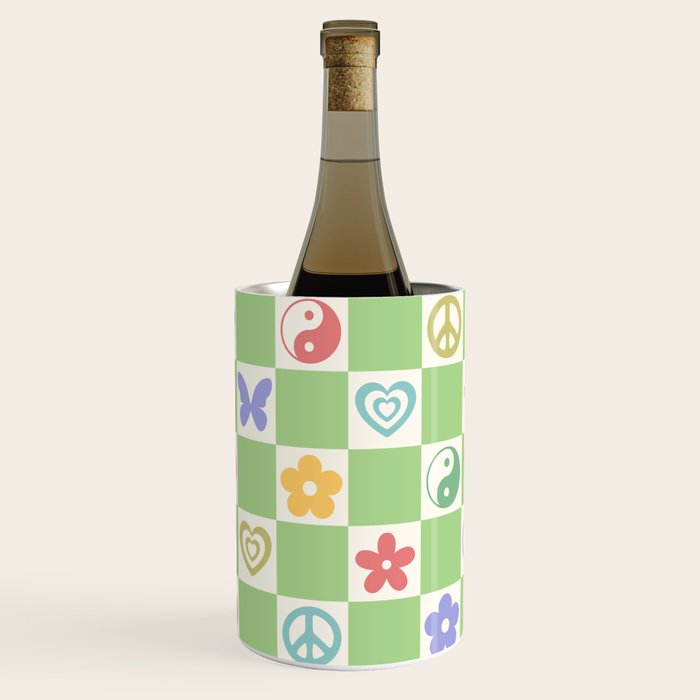 Peace & Love Retro Nostalgia Green Checker Wine Chiller Gallery Image 1