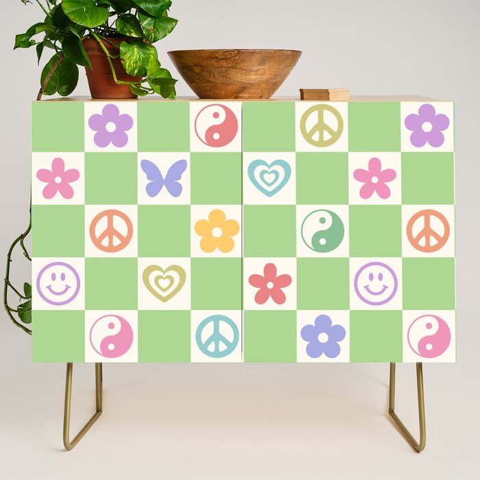 Peace & Love Retro Nostalgia Green Checker Credenza Gallery Image 1