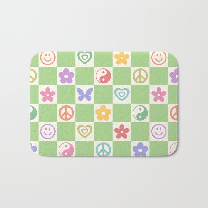 Peace & Love Retro Nostalgia Green Checker Bath Mat Gallery Image 1